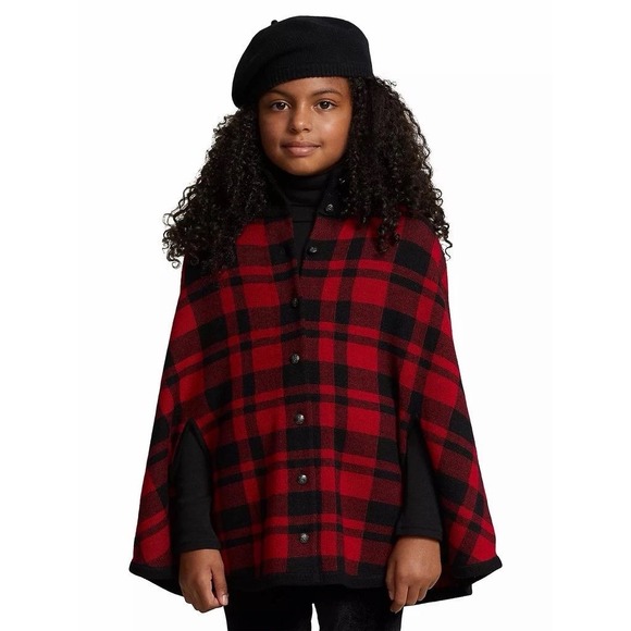 Polo Ralph Lauren Other - Ralph Lauren Girls Wool Plaid Poncho Cape Size 2/3T Red Black NWT Retails $195